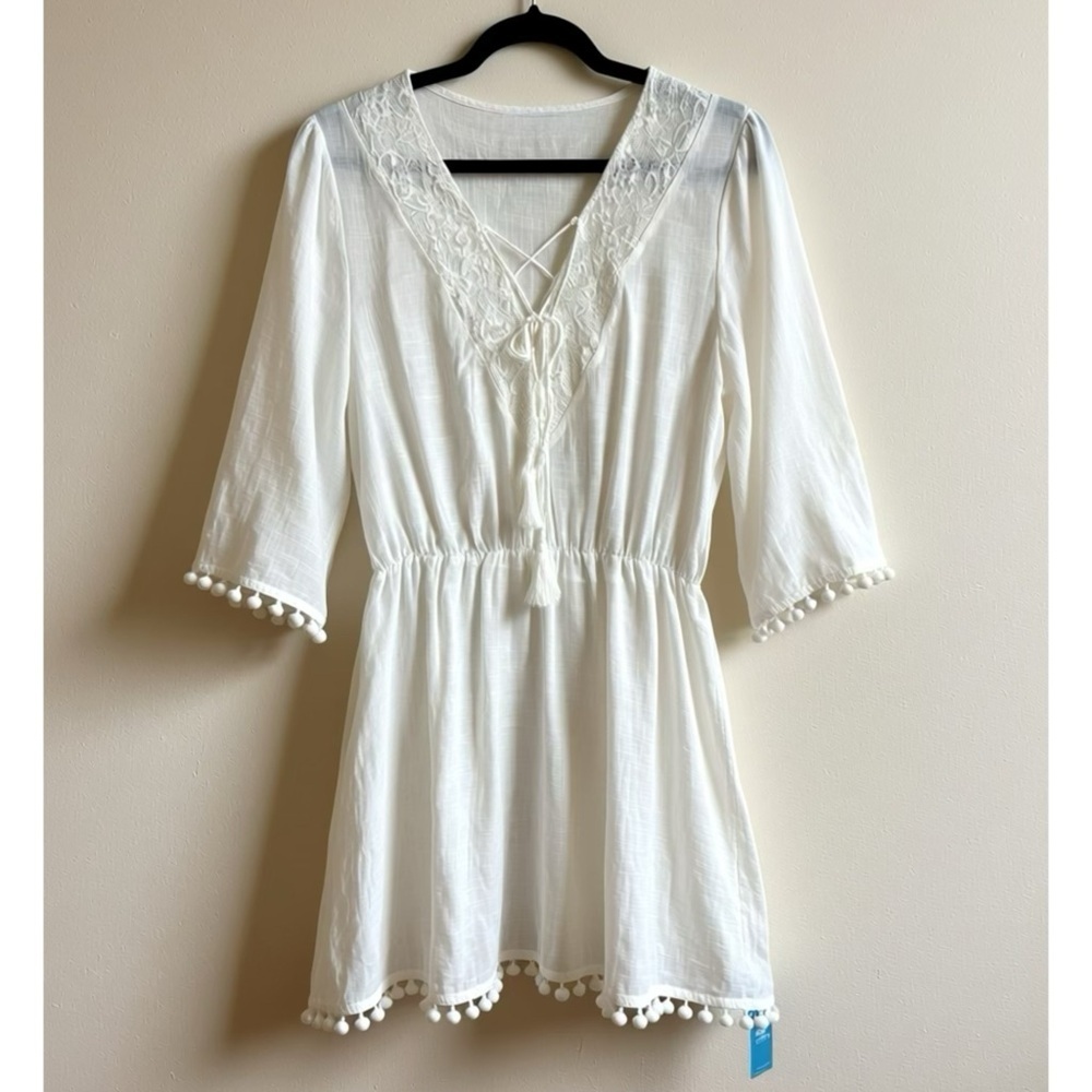 CUPSHE Lace-Up Tassel Cover Up Dress White Semi Sheer Woven Womens Sz M/L New - Picture 5 of 8